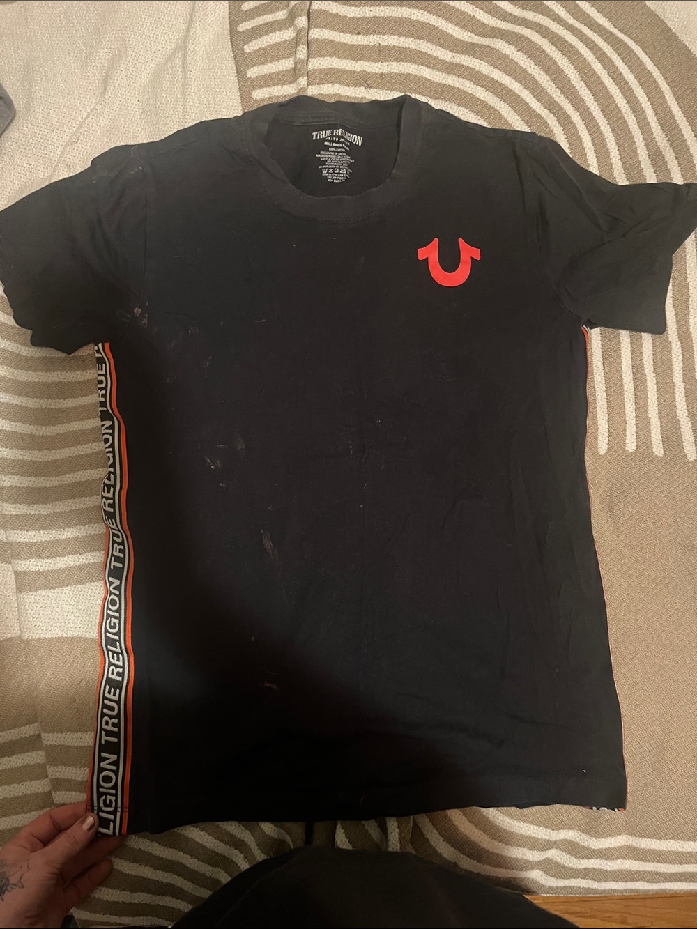 True Religion Black Tee with Red Horseshoe and Side Stripe
